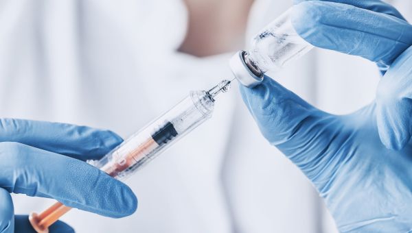 shot, needle, syringe, vial, gloved hands, vaccine
