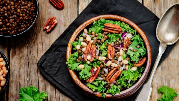 salad, fresh vegetables, raw vegetables, pecans, leafy greens, nuts, lentils