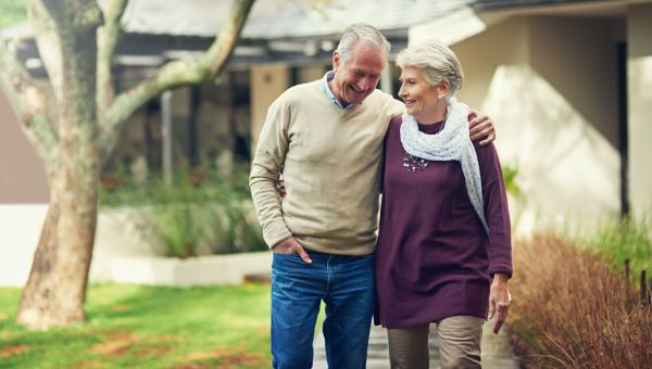 senior couple walking, happy senior couple