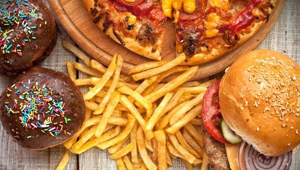 Pizza, fries and burger
