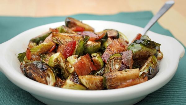 roasted Brussel sprouts with bacon in a bowl