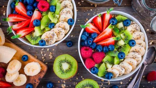 fruit salad, banana, kiwi, strawberry, blueberry