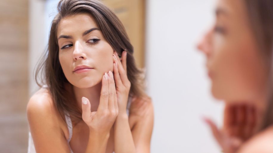 mirror, woman, face, checking for blemishes