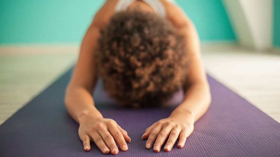 woman, hands, yoga, purple yoga mat