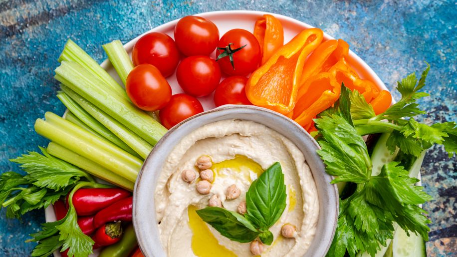 hummus, bowl of hummus and veggies