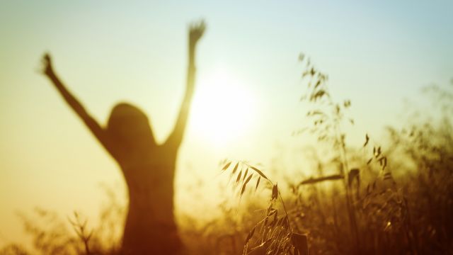 silhouette of female with raised hands, sunset, sunrise, sun, blue sky