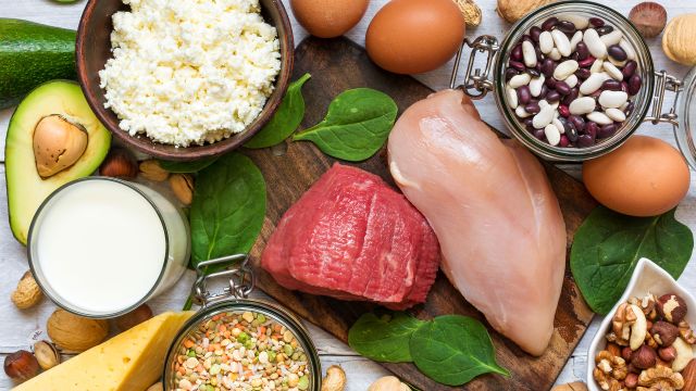 Protein sources like red meat, lean chicken, lentils, beans