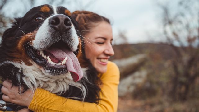 someone hugging big dog