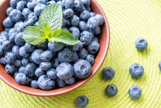 a closeup picture of a bowl of fresh blueberries with a sprig of fresh mint on top 