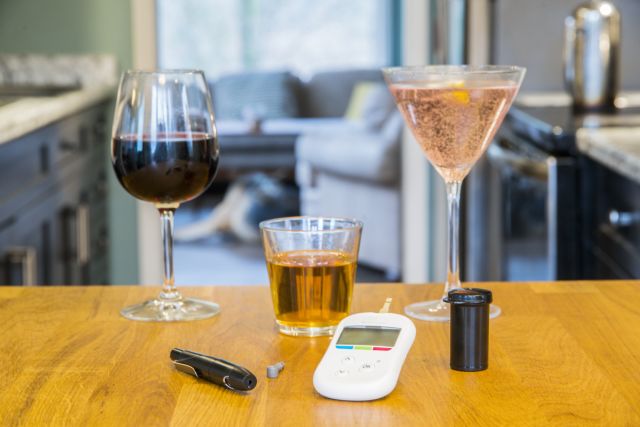 wine, beer, mixed alcoholic drink, glucose meter, insulin pen