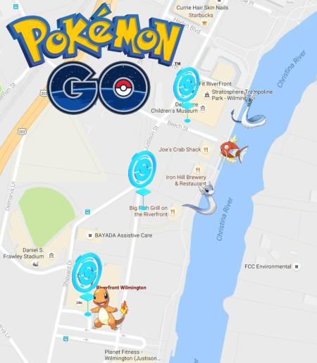 Pokemon Map for the Wilmington Riverfront, Wilmington, Delaware