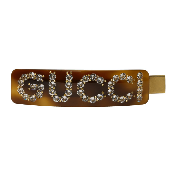 Gucci Crystal-embellished Logo Hair Clip In Brown