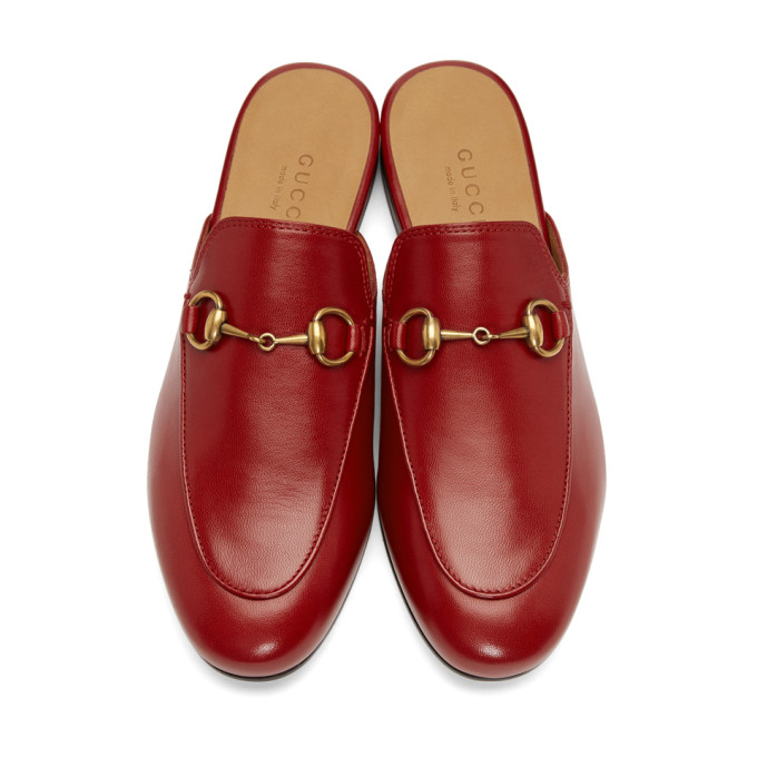 Gucci Princetown Leather Backless Loafers, Hibiscus Red/Gold | ModeSens