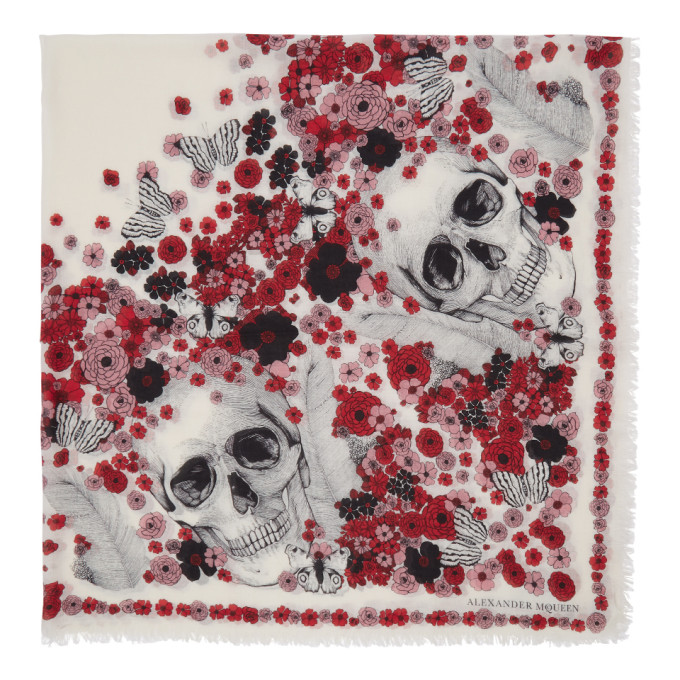 ALEXANDER MCQUEEN ALEXANDER MCQUEEN IVORY AND RED MUSE SKULL SCARF