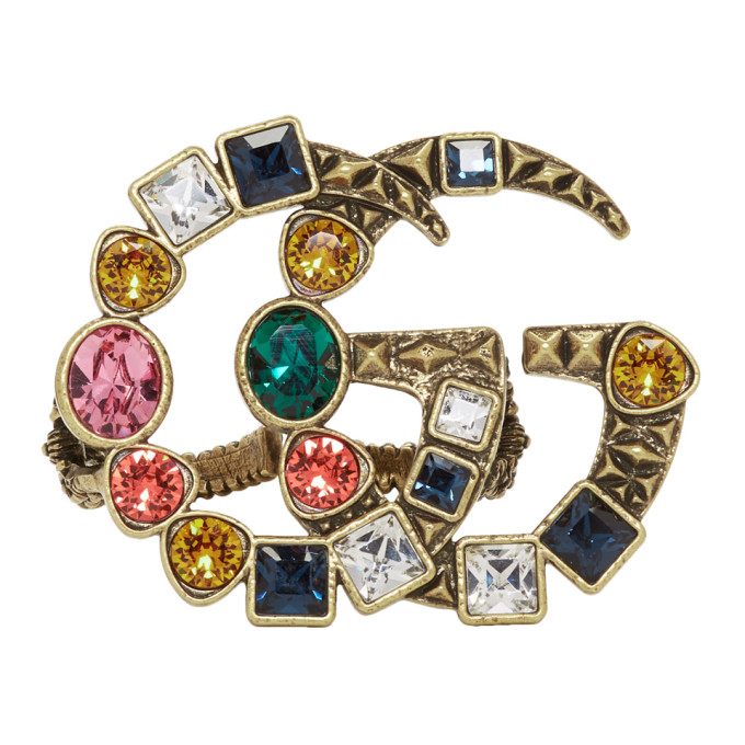 GUCCI GUCCI GOLD AND MULTICOLOR CRYSTAL GG MULTI-FINGER RING