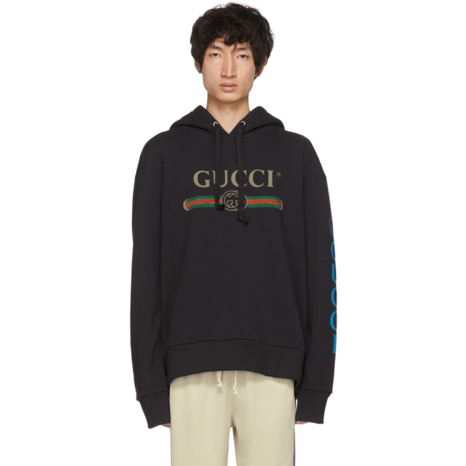 GUCCI GUCCI BLACK EMBROIDERED LOGO HOODIE