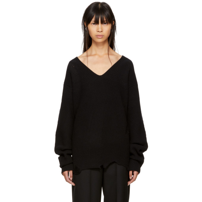 HELMUT LANG DISTRESSED V-NECK OVERSIZED WOOL-CASHMERE SWEATER, WHITE