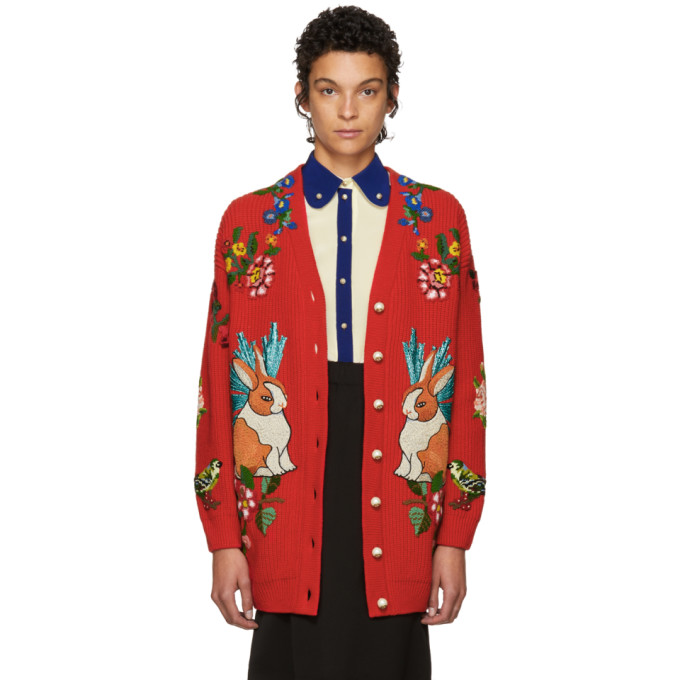 GUCCI OVERSIZED EMBROIDERED RABBIT KNIT CARDIGAN, RED | ModeSens