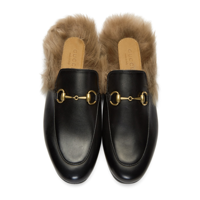 GUCCI Black Fur Princetown Slippers | ModeSens