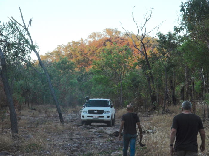 Ian Green’s and Rachel Nordlinger’s 4WD at sundown in the Daly region during their road trip to return recordings of the area‘s virtually lost Indigenous languages. Picture: Associate Professor Rachel Nordlinger.