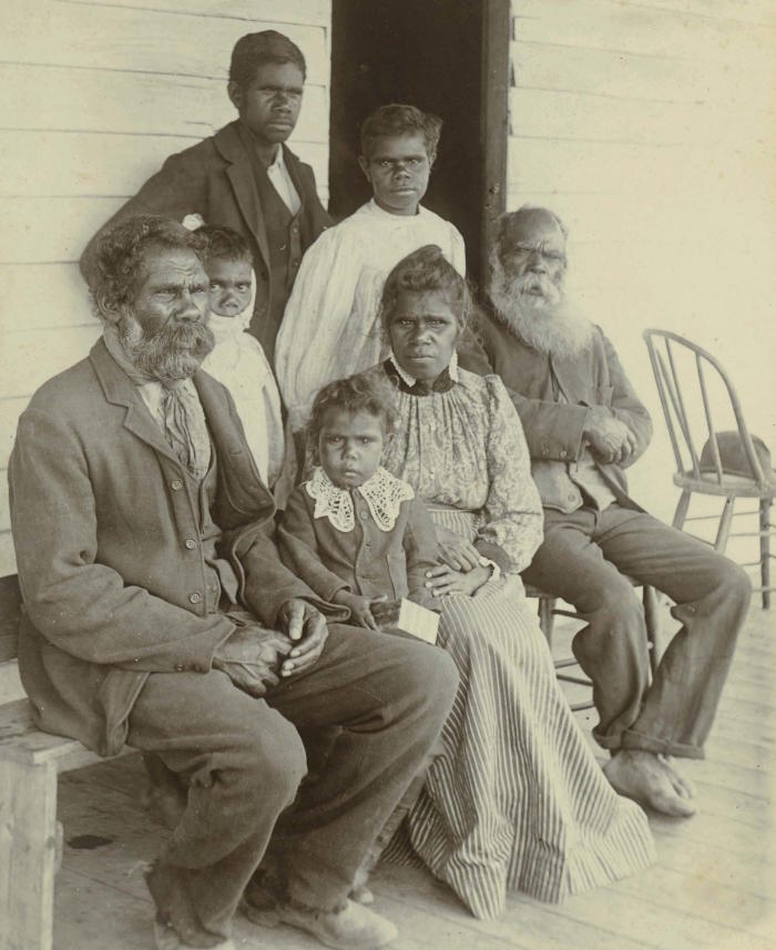 The Moffatt family, with Larry Johnston (old man on the right). Strathfieldsaye Estate Collection (1976.0013), University of Melbourne Archives, PA.198 p.8 (Ramahyuck Album 8.4.8)