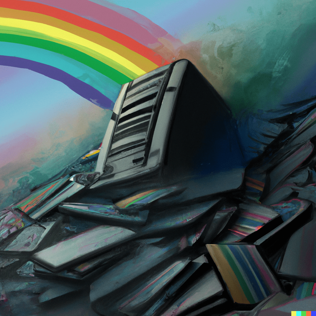 a rainbow on a hill of broken computers, digital art