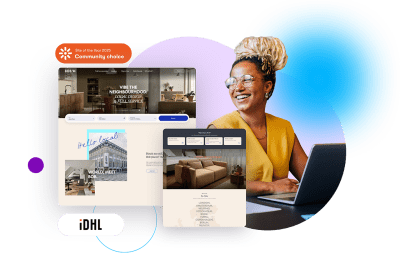 A smiling woman with blonde dreadlocks works on a laptop, with two website mockups and a DHL logo floating nearby.