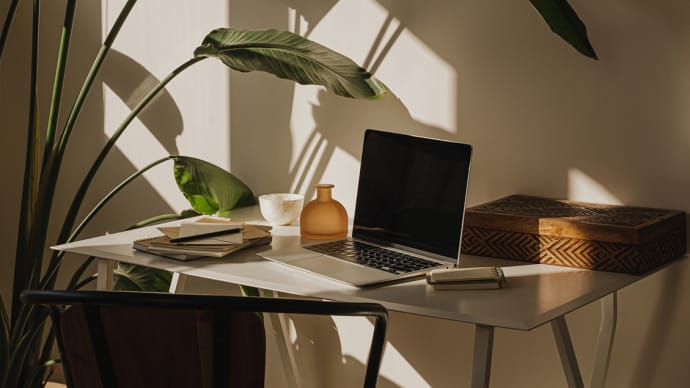 A laptop, papers, and decor sit on a white desk illuminated by sunlight through plant leaves.