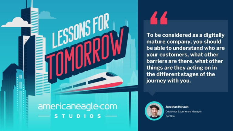 Podcast video from americaneagle.com. Lessons for tomorrow logo and quote from Jonahtan Henault.