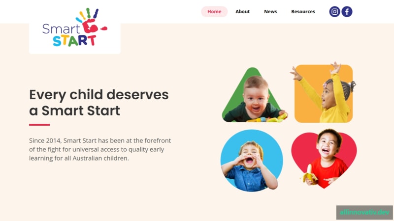 Smart Start website homepage featuring the logo, navigation menu, and four images of diverse children.