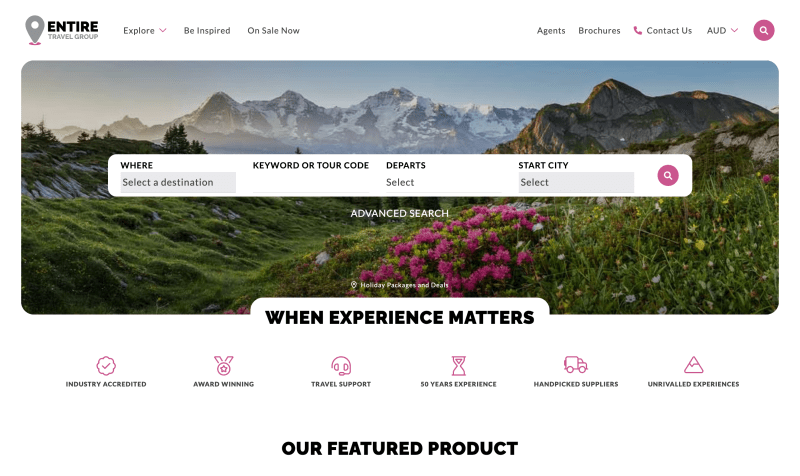Entire Travel Group bespoke travel packages website redesigned on Xperience by Kentico with B2C booking flows by Devotion