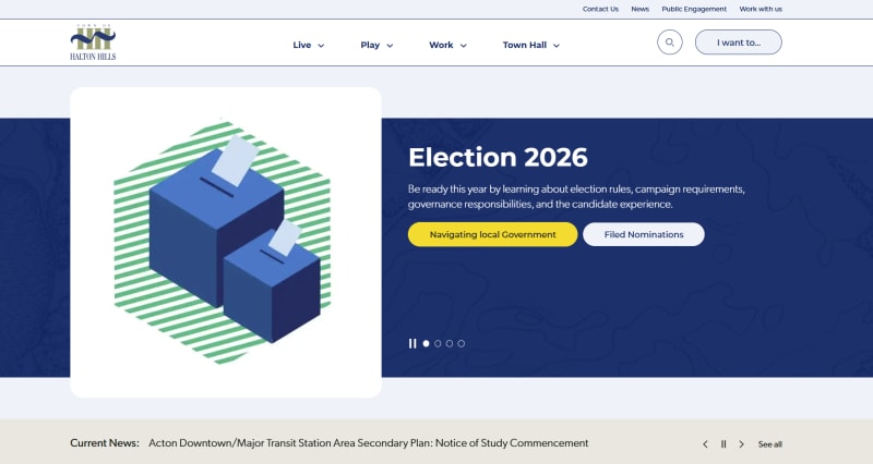 A webpage banner for Election 2026 featuring two ballot boxes and navigation buttons against a blue background.