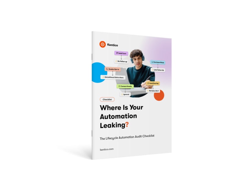A white Kentico ebook cover titled "Where Is Your Automation Leaking?" with a man wearing headphones.