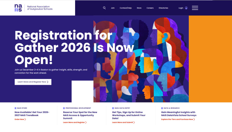 NAIS website homepage announcing the opening of registration for the Gather 2026 conference.