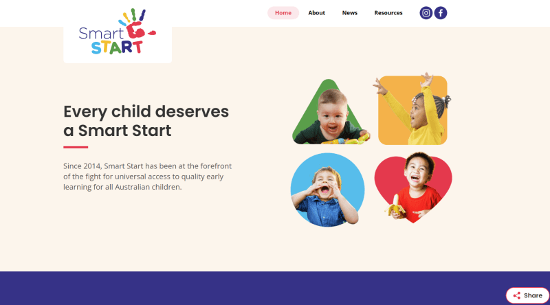 Website homepage for Smart Start featuring text about early learning and four photos of smiling children.