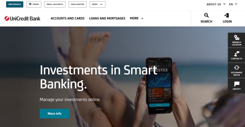 UniCredit Bank homepage displaying the Investments in Smart Banking banner and mobile app.