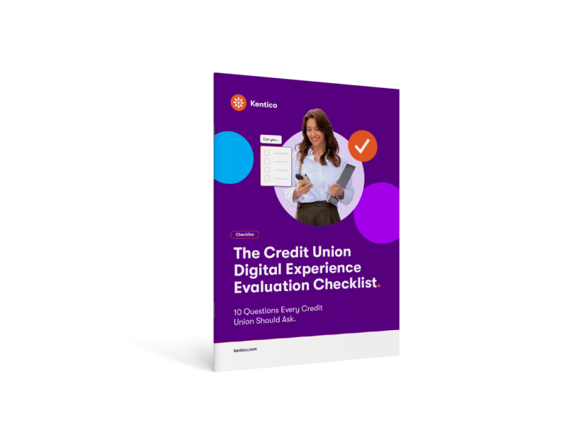 A purple Kentico checklist cover for "The Credit Union Digital Experience Evaluation Checklist" with a woman holding a phone.