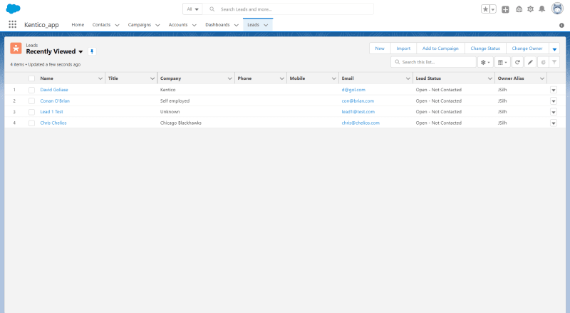 Salesforce All Leads view with synced leads from Kentico