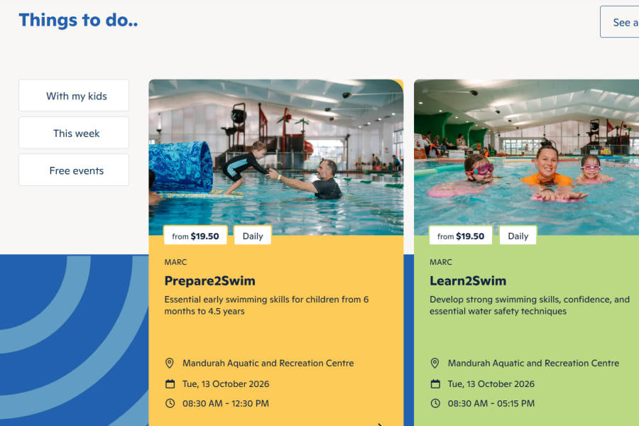Website interface showing event cards for children swimming lessons with dates, times, and pricing details.