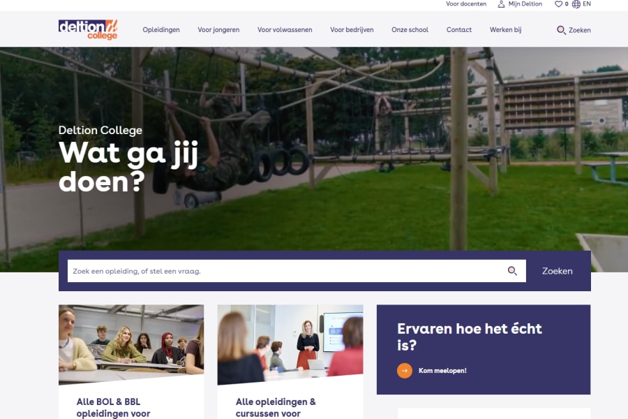 Deltion College homepage featuring a hero banner with a search bar and outdoor obstacle course background.
