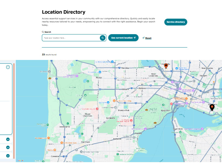 A location directory webpage with a search bar, filters, and a map of a city with marked locations.