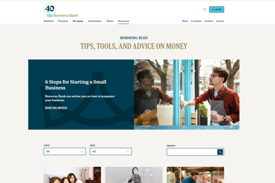 A webpage for Bonvenu Bank's blog, featuring articles on starting a business, online safety, and financial information.