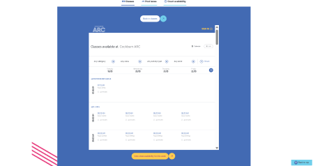 A web interface displaying available classes at ARC, with options for different dates and times.