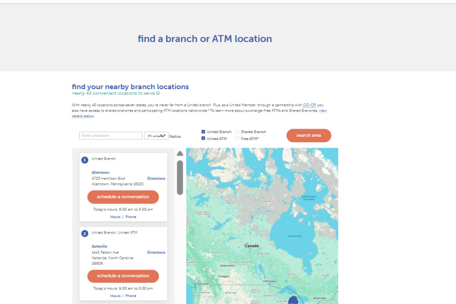 A United Bank website page showing a map of North America with branch and ATM locations.